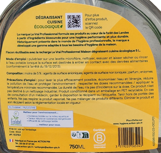 Dégraissant cuisine aux pins des Landes, biodégradable, 750 ml Le Vrai, mode d'emploi