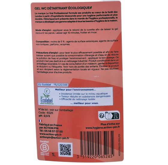 Gel WC détartrant anti calcaire et biodégradable 1L, mode d'emploi