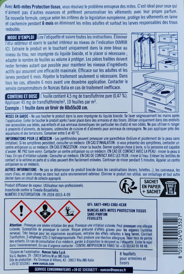 Feuillets anti-mites textiles NUNCAS, mode d'emploi
